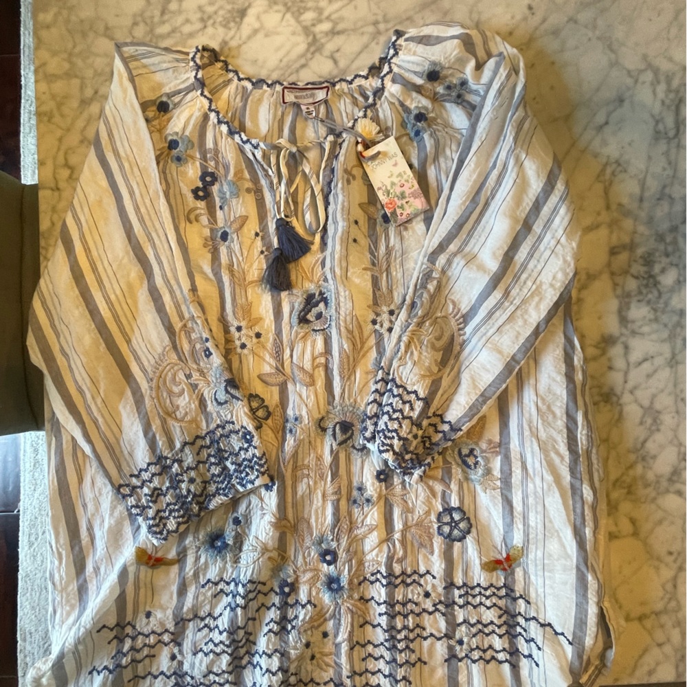 Johnny Was XL with tags - unworn tunic.  Crisp white with blue embroidery.